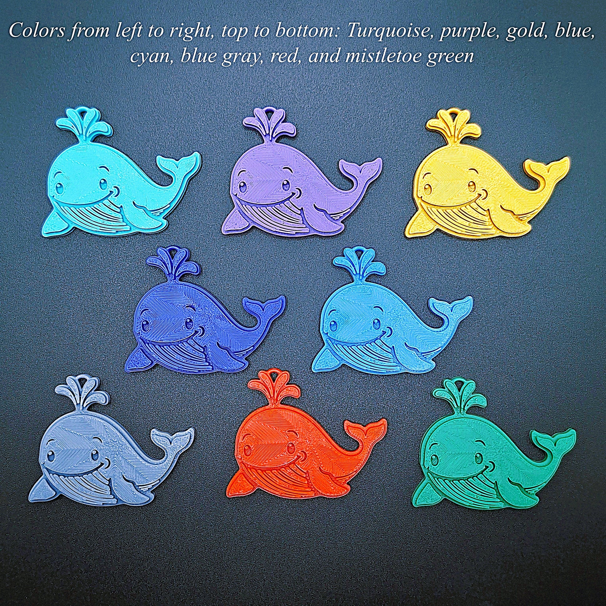 Whale keychain color selection guide featuring 8 vibrant options, eco-friendly sea animal gifts ideal for beach lovers and ocean-themed decor.