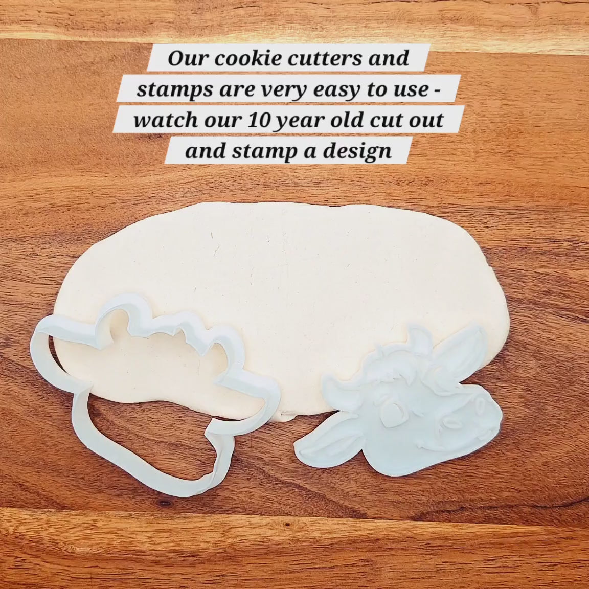 Video showing a child cutting and stamping dough out using one of our cookie cutters. Text shows tips and tricks on how to use the cutters and stamps effectively.